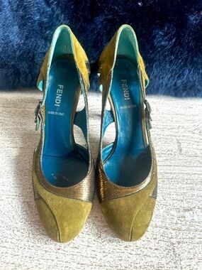 Fendi Olive Green Suede & Metallic Trim Heels